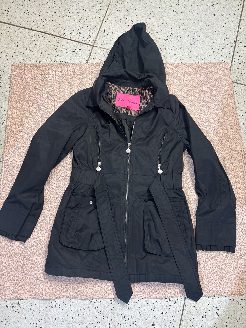 Betsey Johnson Black Hooded Utility Jacket with Leopard-Print Lining
